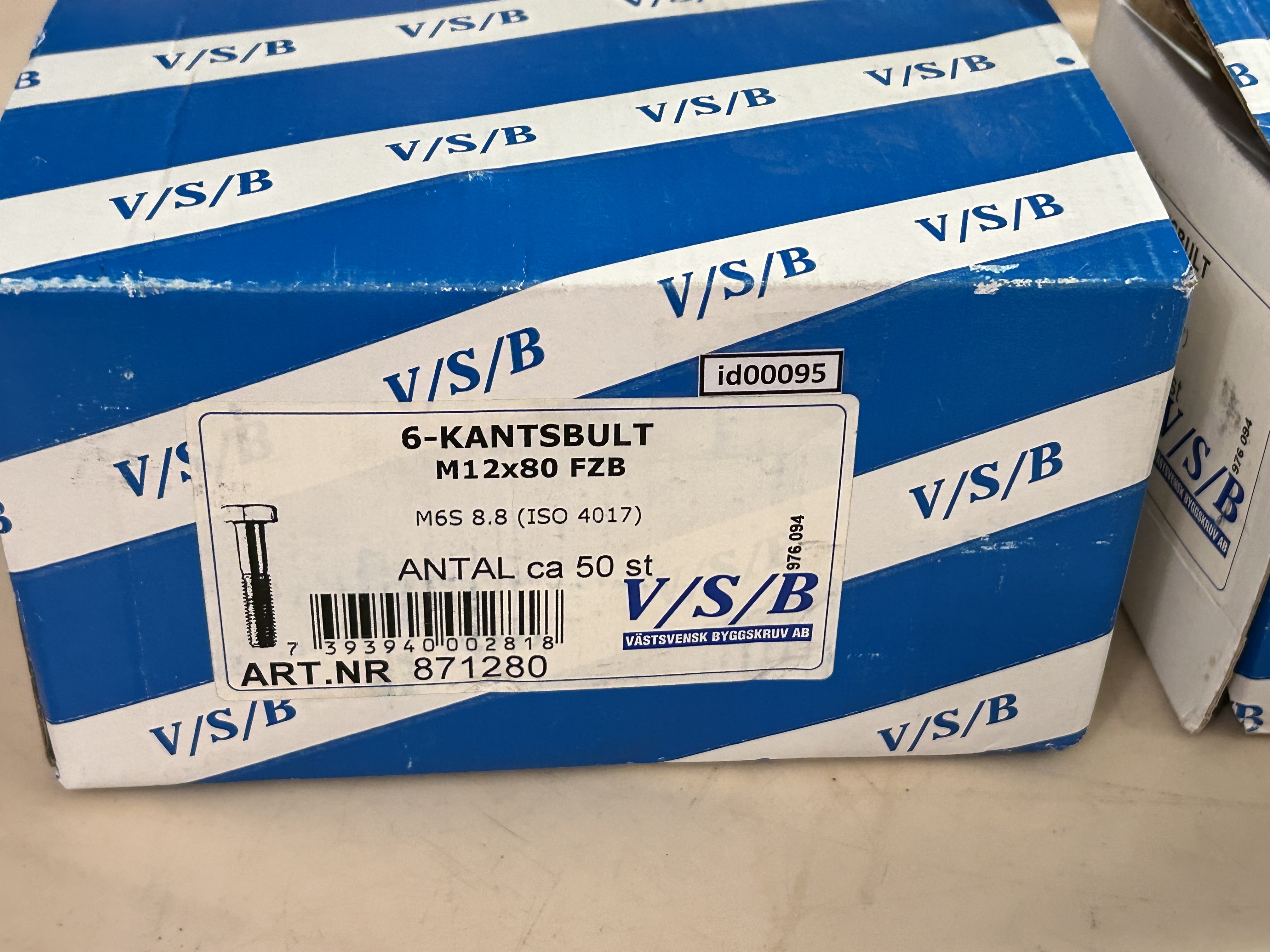 Sexkantsbult (id00095-96) VSB M12x80 mm 2 paket EAN 7393940002818 Totalt 8,3 kg_2